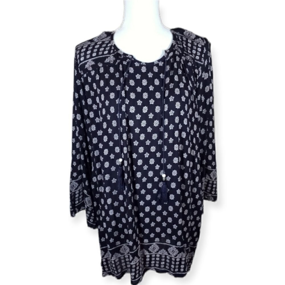 ANGIE NAVY BLUE & WHITE FLORAL BOHO-INSPIRED DRESS SZ.S EUC